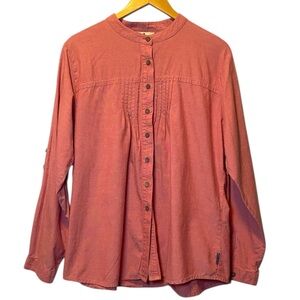Woolrich Button Up Shirt Women XL Pink Cotton Pintucked Long Roll Tab Sleeve Top